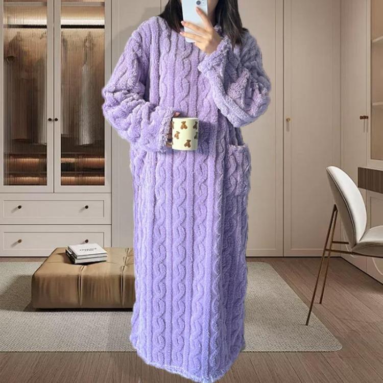 Soft Flannel Women's Nightgown Thickened Jacquard Sleepwear Dress Solid Color Comfortable Night Dress