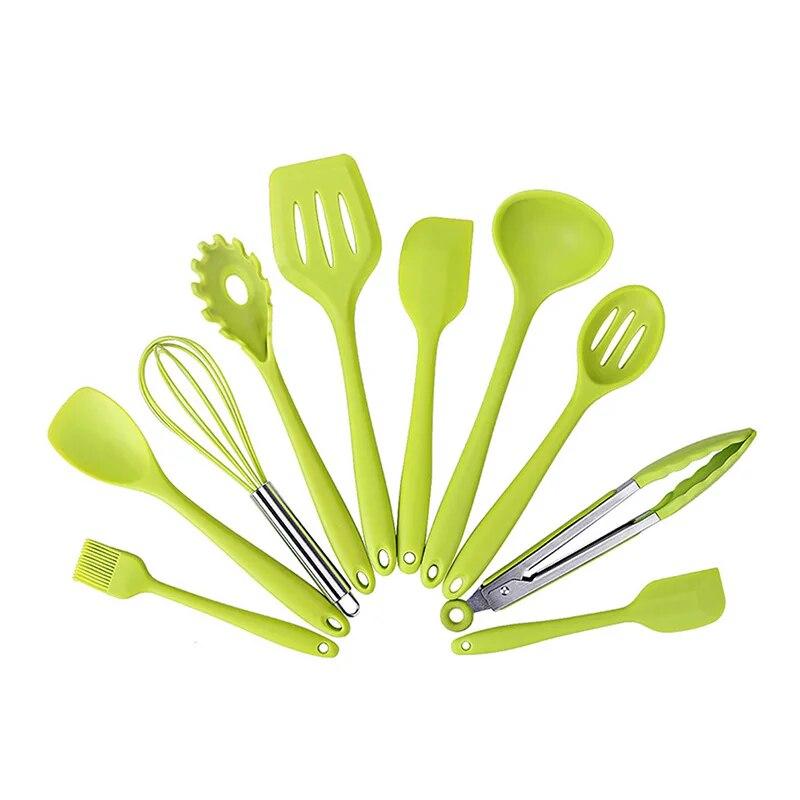 10 Pcs Non-stick Silicone Utensils Set Turner Tongs Spatula Soup Spoon Shovel Oil Brush Cooking Tools Set Kitchen Gadgets Items