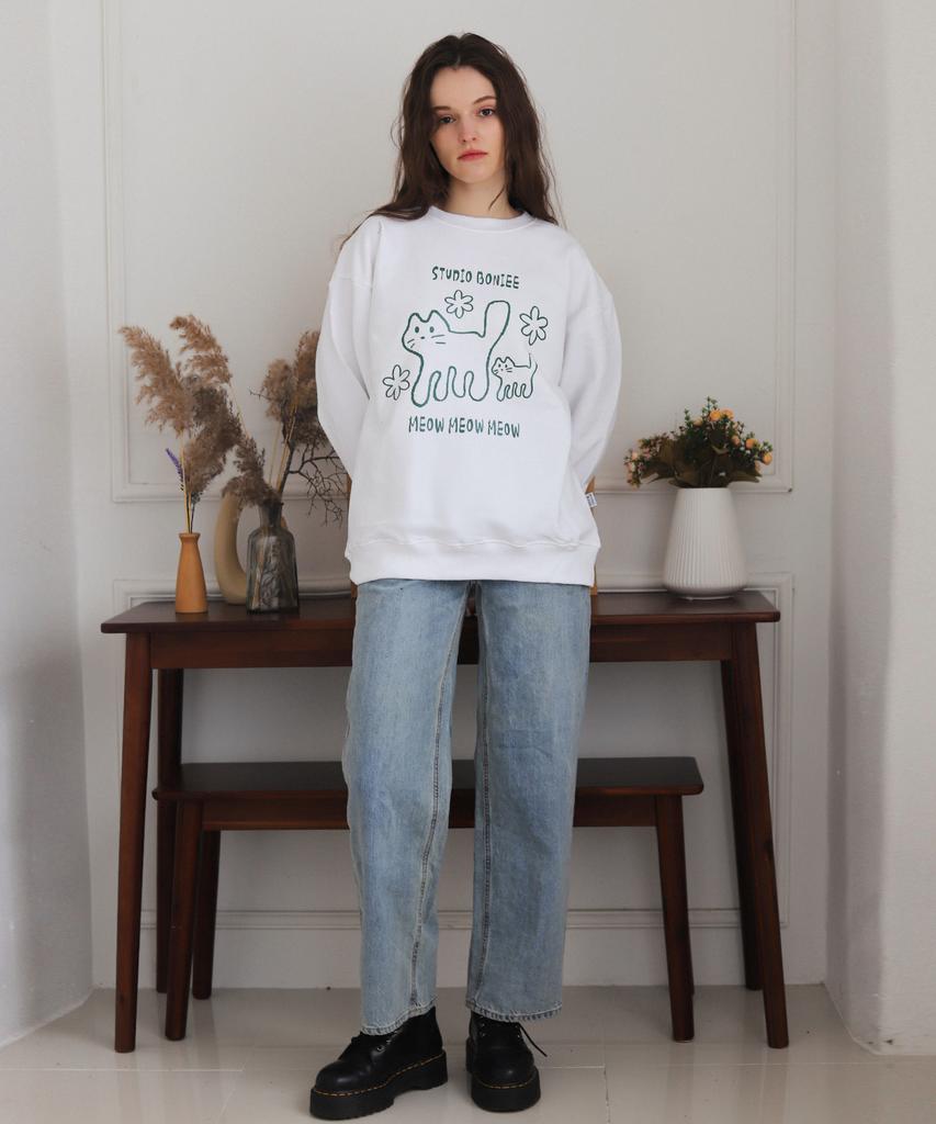 BONIEE [Fleece Lined Selection] Meow Cat Kitten Oversized Sweatshirt White