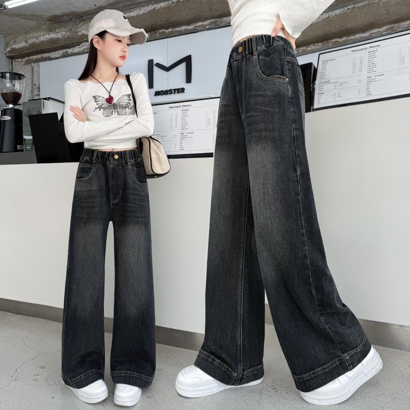 Herbst 2025 Mädchen Modische Bestickte Weitbeinjeans für Große Kinder