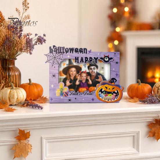 Holiday Table Decorations Halloween Wooden Photo Frame, Double Layer Wood Tabletop Picture Holder, Decorative Desktop Frames Creative Display