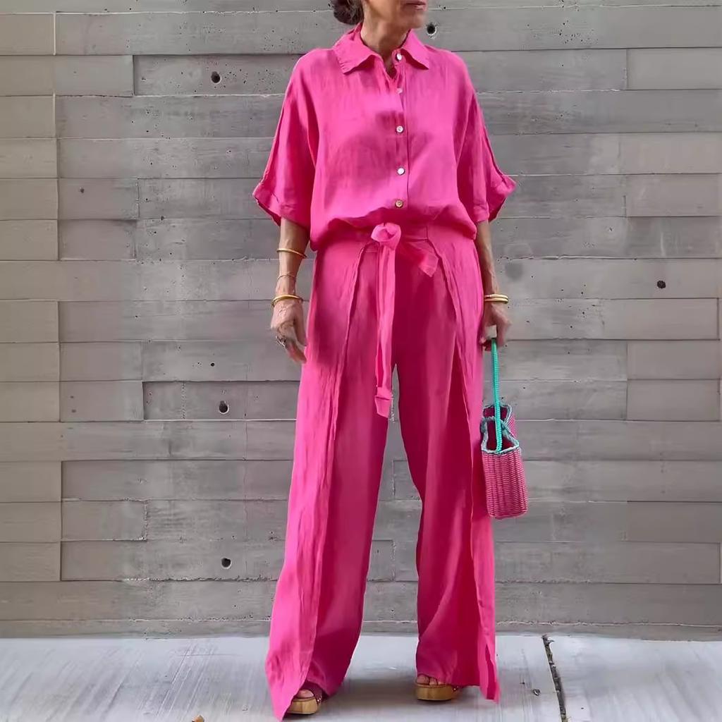 Elegant Office Ladies Suit Casual Solid Color Button Shirt Belt Wide Leg Slit Irregular Pants Sets 2 Piece Set Spring Autumn