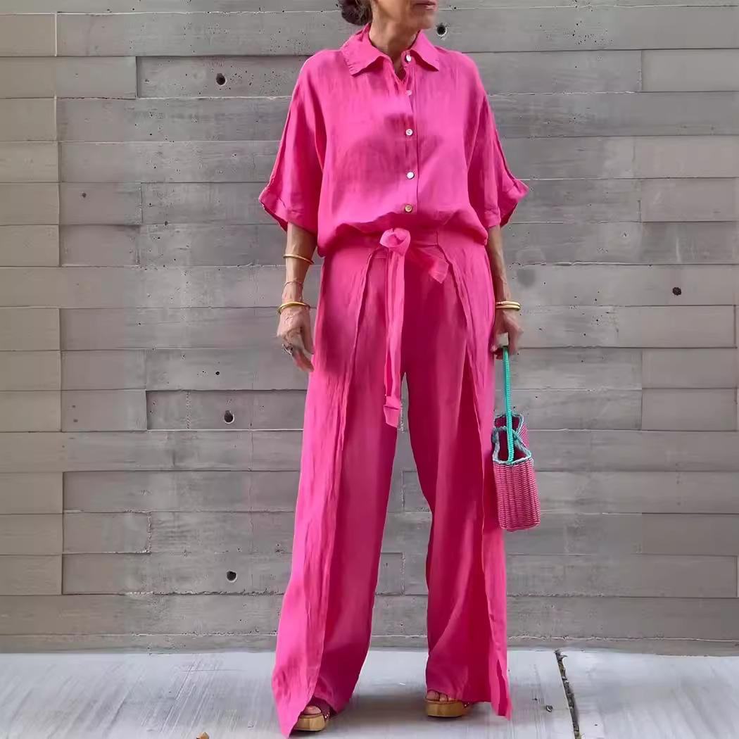 

Повседневный летний комплект из хлопка и льна, женская рубашка с лацканами и пуговицами + длинные брюки, элегантный однотонный нерегулярный лоскутный костюм XXXXXL розы красного