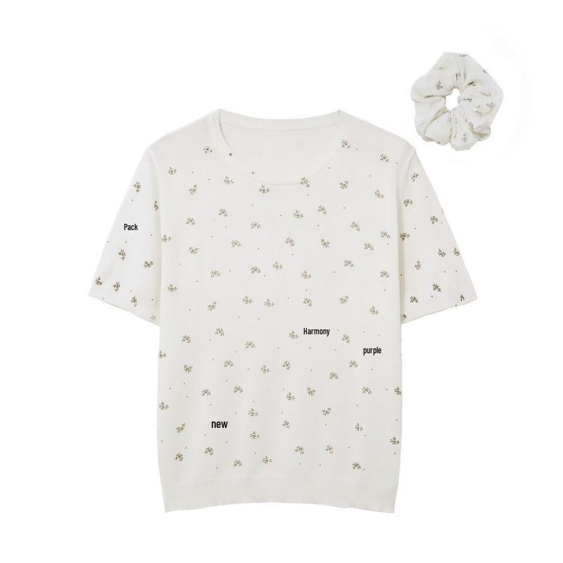 

2026 Spring European & American Style Sweet Round Neck Print Knit Short Sleeve Pullover One Size білий
