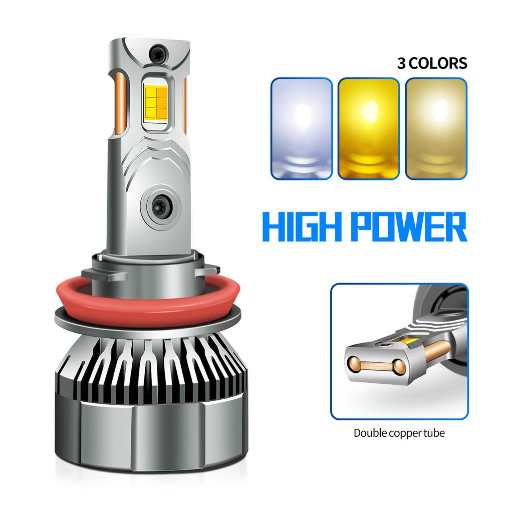 H11 High Power Three-color LED Headlight Double Copper Tube 120W Car Light Led12V Car 24V Truck H7H4