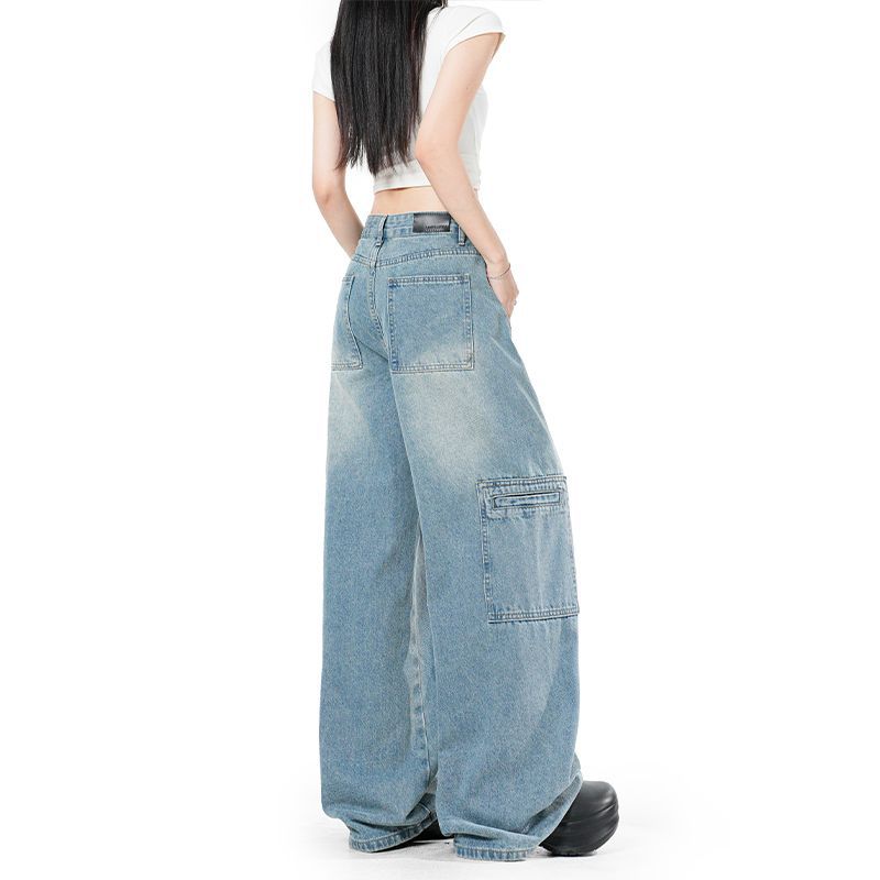 Spring Summer Multi Pocket Cargo Relaxed Wide Leg Trendy Denim Pants Ladies Casual Pants Oversize Denim Trousers