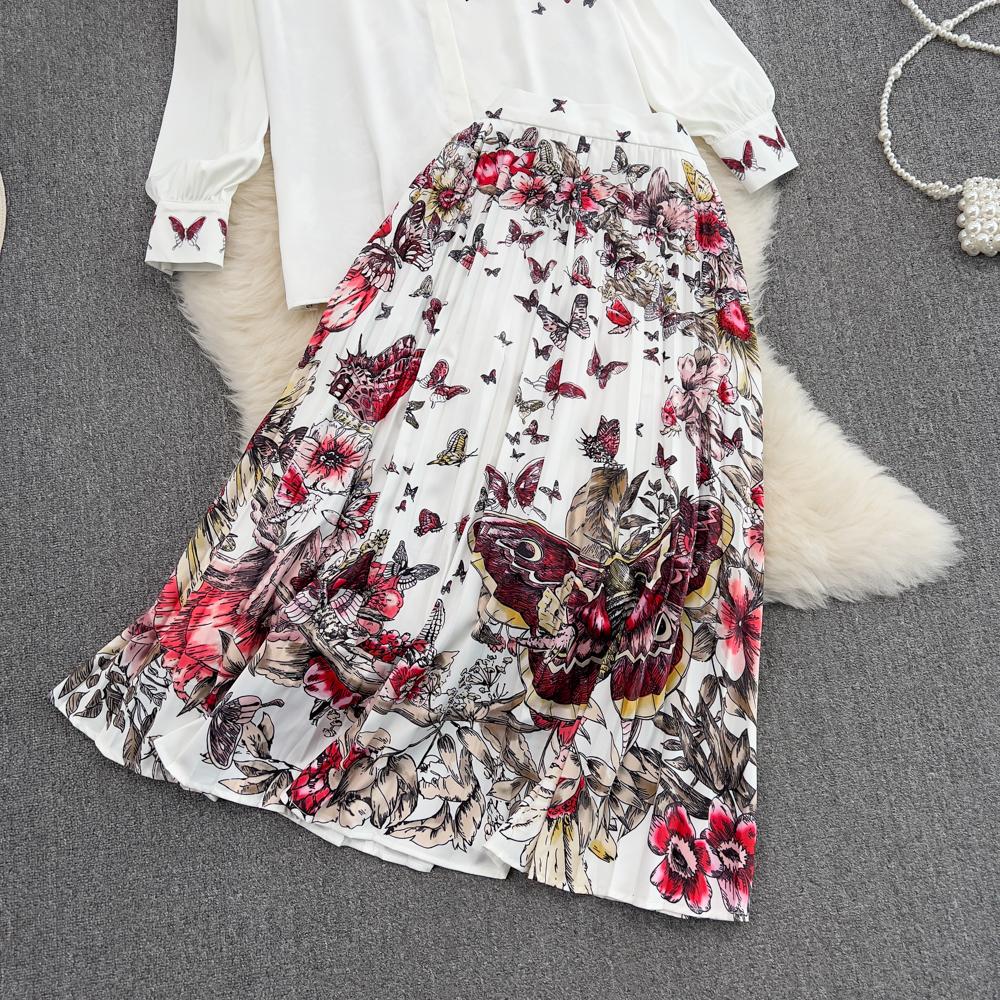 Fashion Suit Female European Station Temperament Long-Sleeved Printed Shirt Two-Piece High Waist Pleated Skirt Spring