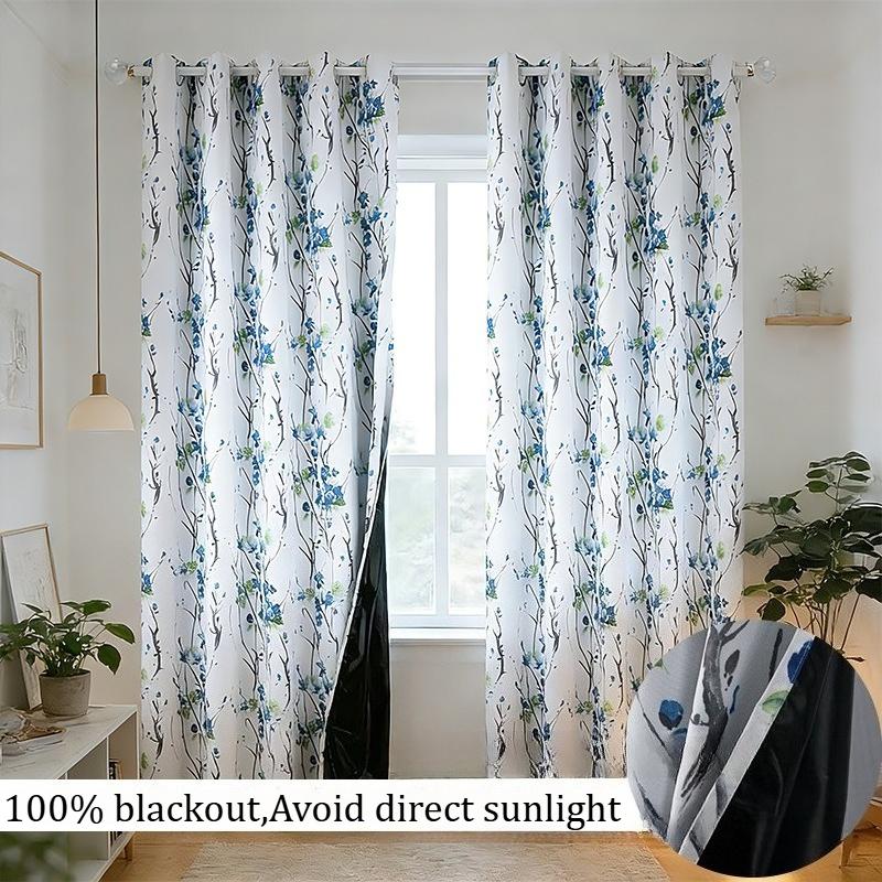 

American Style Blackout Curtains for Living Room Thermal Insulated Window Drapes Floral Pattern Privacy Protect Home Decor 2pcs 2PCS-132x213cm синий
