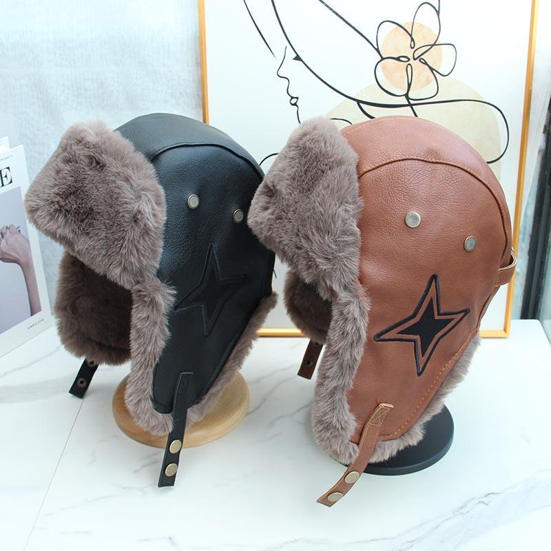 Men's and women's winter leather thickened plush warm cycling Lei Feng hat ear protection hat Northeast outdoor windproof pilot hat