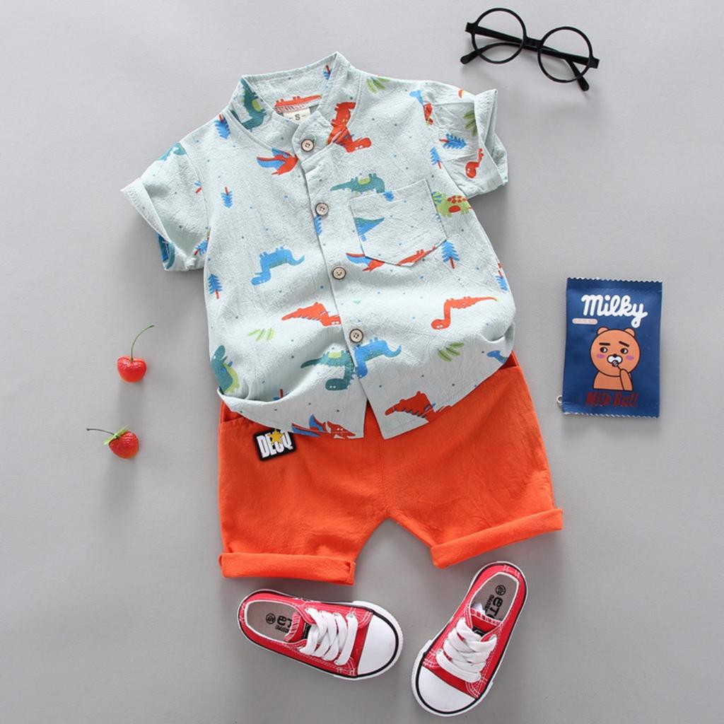Summer Printed Pyramid Shirt Short Sleeved Shorts Set for Male and Female Infants and Young Children