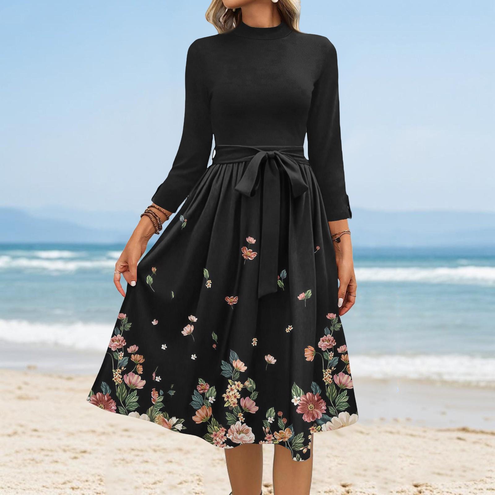 Women s Fashion Casual Belt Seven Sleeve Round Neck Floral Temperament Dresses XL