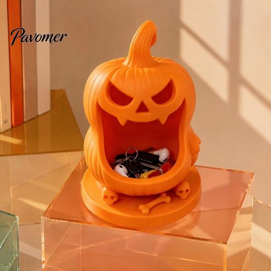 Festive Holiday Home Furnishings Halloween Pumpkin Candy Bowl, 3D Printed Storage Box with Skull Bone Decorative Base, Portable Trick or Treat Jewelry
