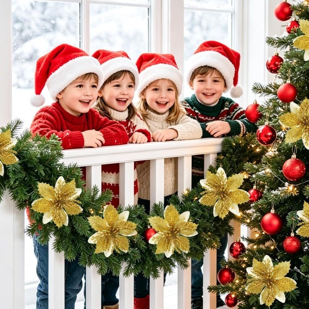 10Pcs Golden Gold Powder Artificial Poinsettia Flowers Multi-Color 7.5cm 10cm Glitter Flower Christmas Tree Decor DIY