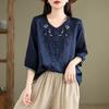 Vintage Hemden Sommer Stickerei Blumenbluse Damen Lässig 3/4 Ärmel Arbeit Blusen Locker Hemd Knöpfe Oberteile