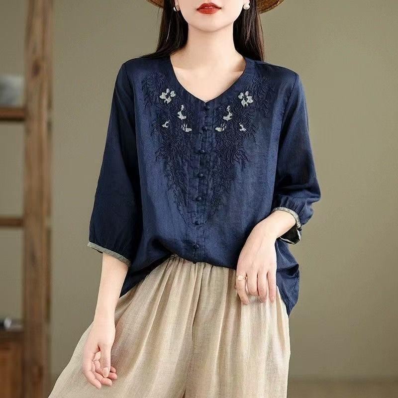 Vintage Hemden Sommer Stickerei Blumenbluse Damen Lässig 3/4 Ärmel Arbeit Blusen Locker Hemd Knöpfe Oberteile