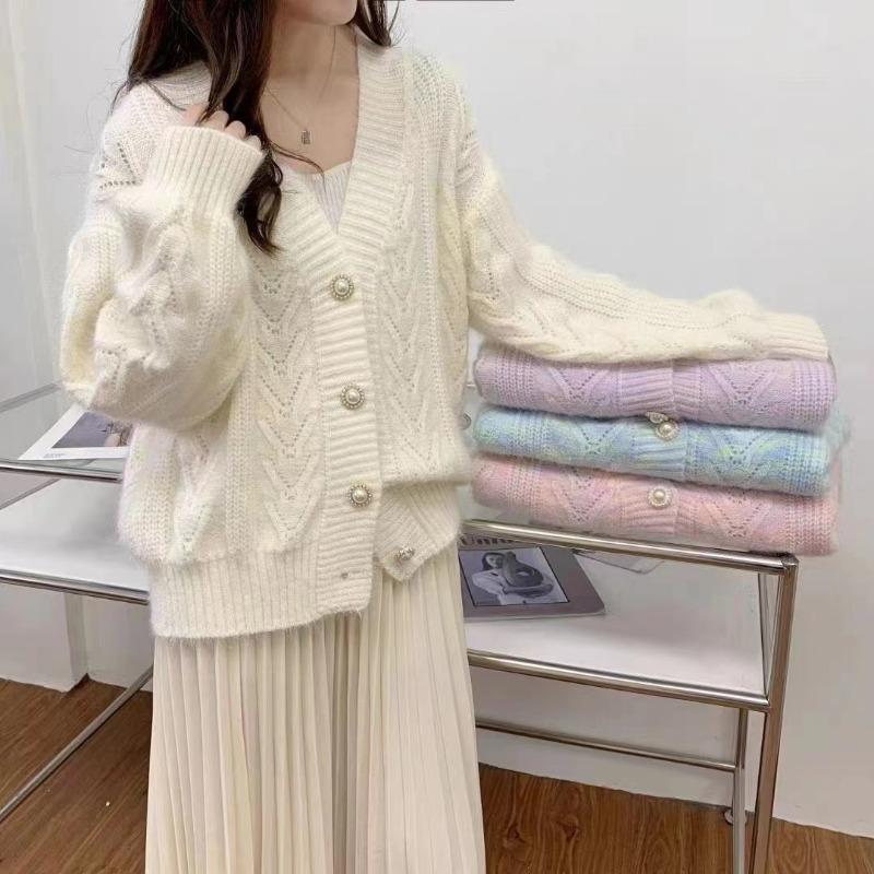 Soft waxy twist loose knitted cardigan women's autumn and winter new flower hair outer wear loose lazy wind sweater jacket