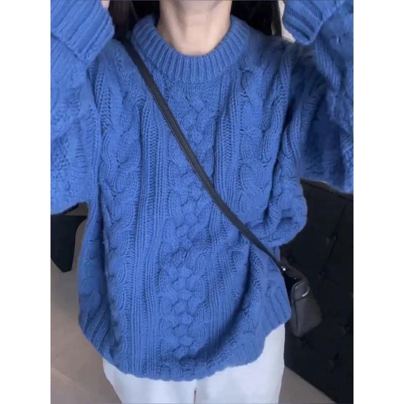 

Autumn and winter new twist knitted sweater jacquard gentle wind round neck pullover simple versatile top thick average size