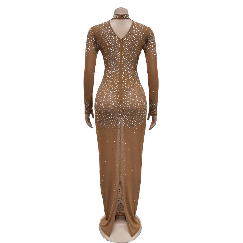 C6890 Evropské a americké dámské maxi šaty s dlouhým rukávem ze síťoviny jednobarevné s horkým vrtáním