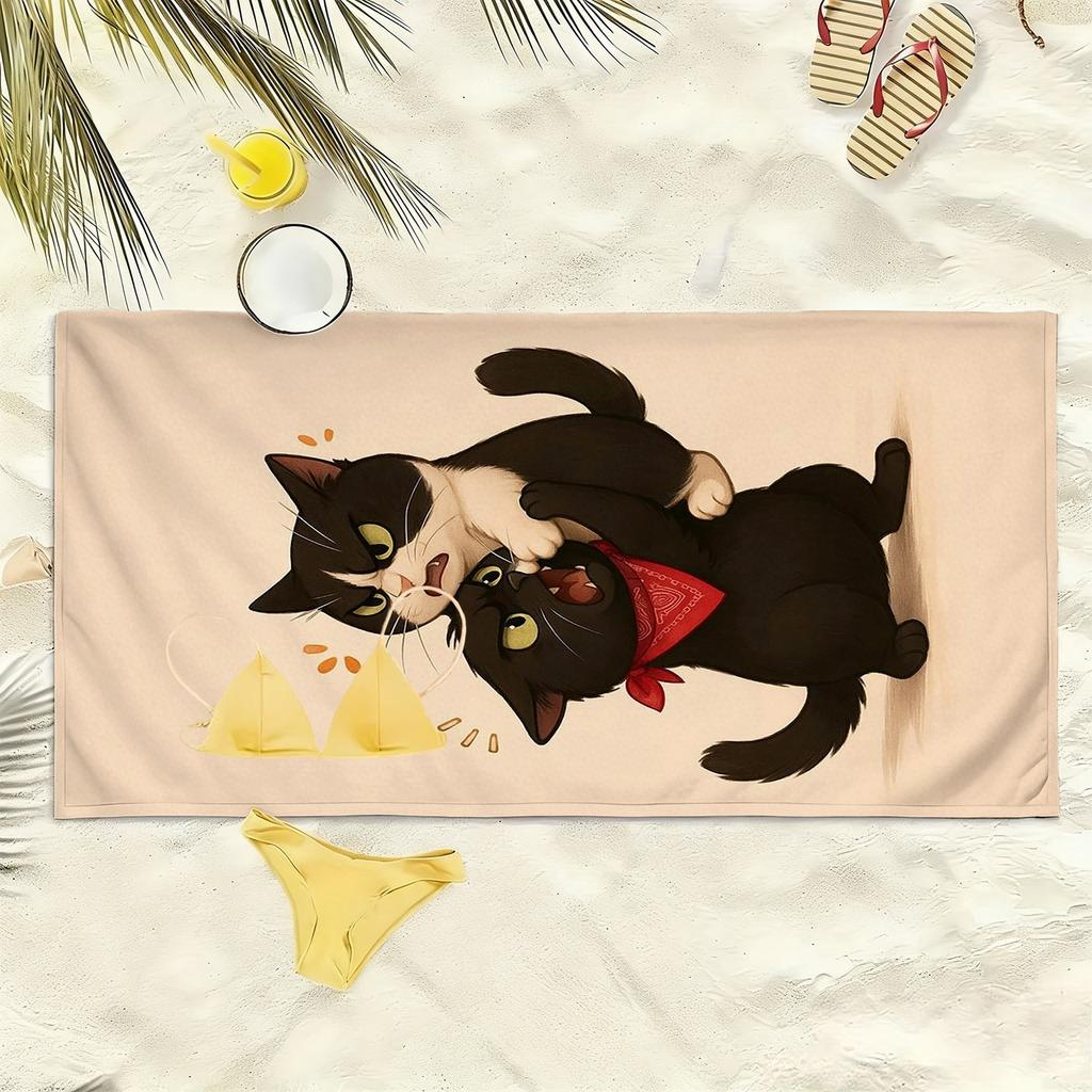 Weird and cute pattern of two black cats polyester microfiber beach towel is highly absorbent, suitable swimming beach outings