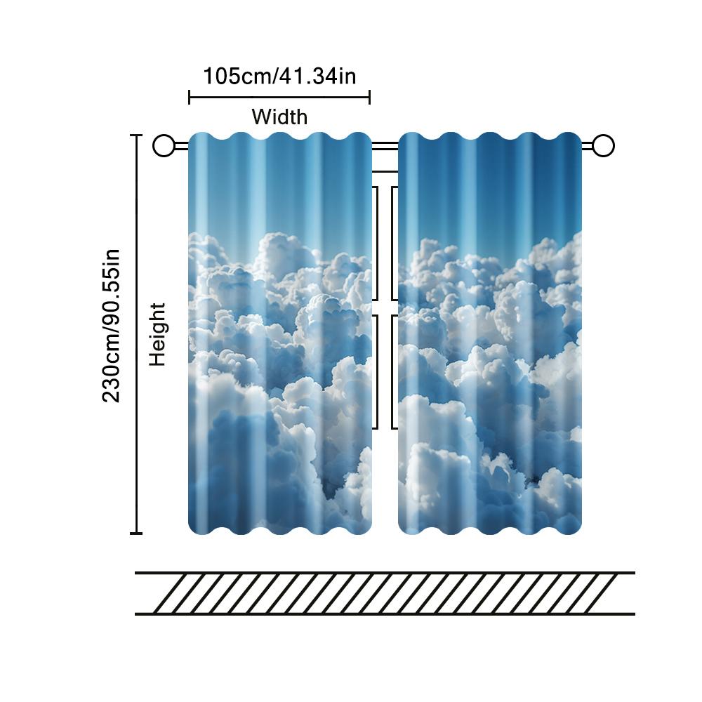 2 Pcs   Filtering Curtains (excluding Rods   Non-movable   Without Batteries) Blue Sky & White Clouds for Use In Bedrooms and