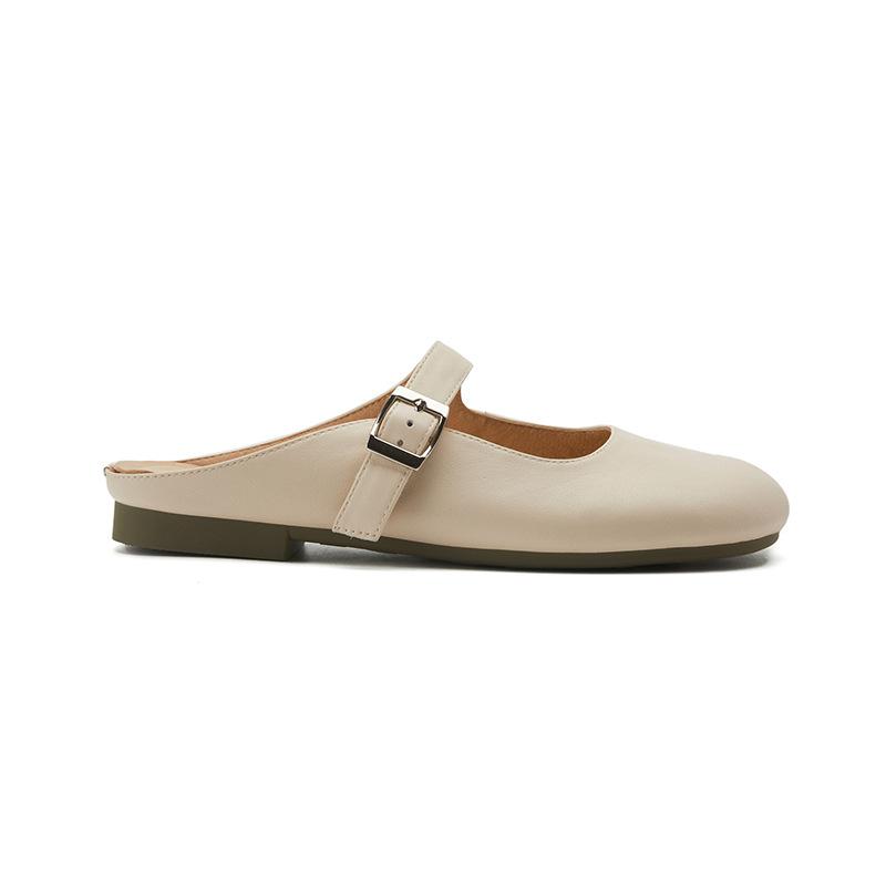 Leather flat-bottomed Mary Jane women's shoes one-pedal lazy Muller shoes 2025 new bag head half-drag single shoes