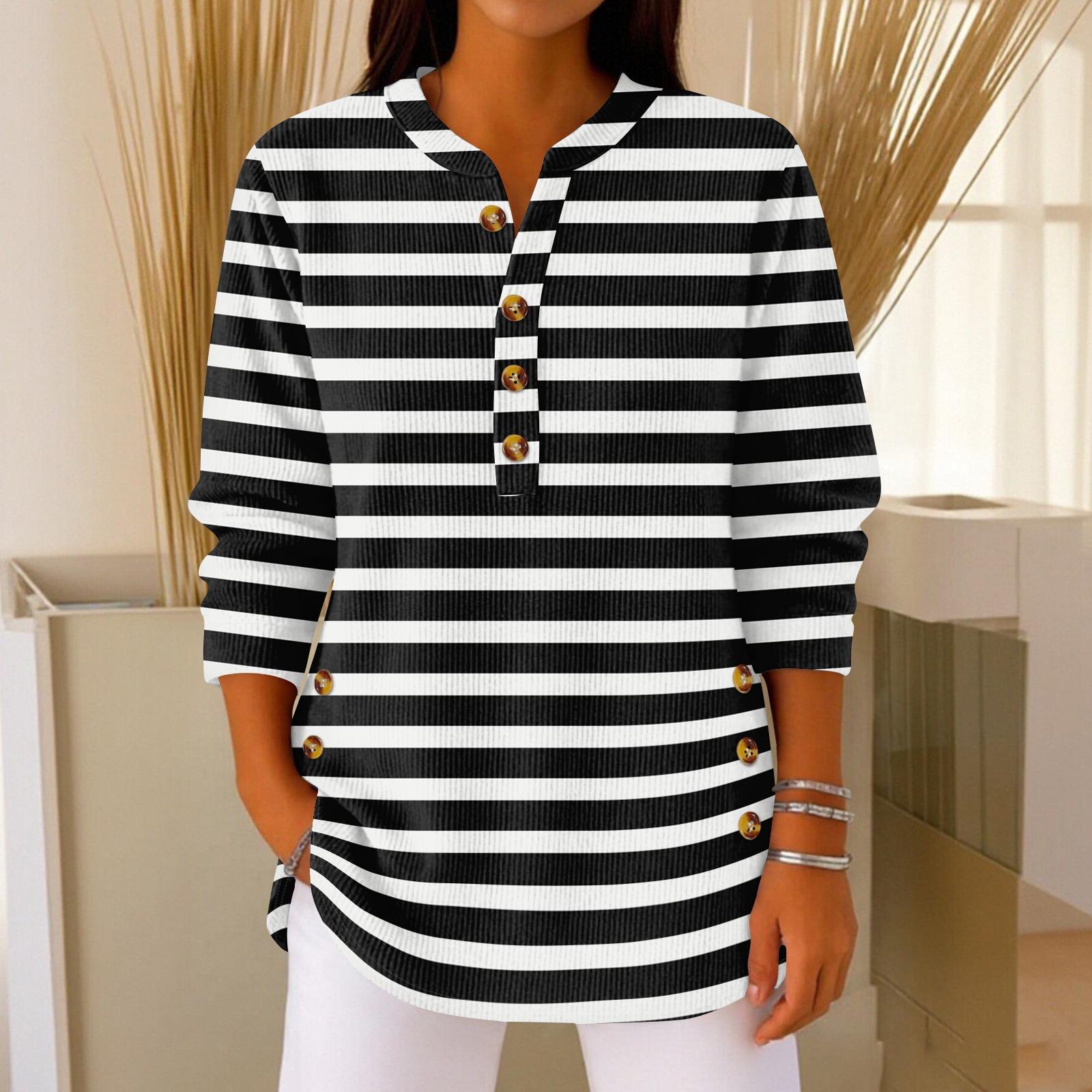 Women s Fashionable Button Collar Long-sleeved Christmas Print Pullover Top L чёрный