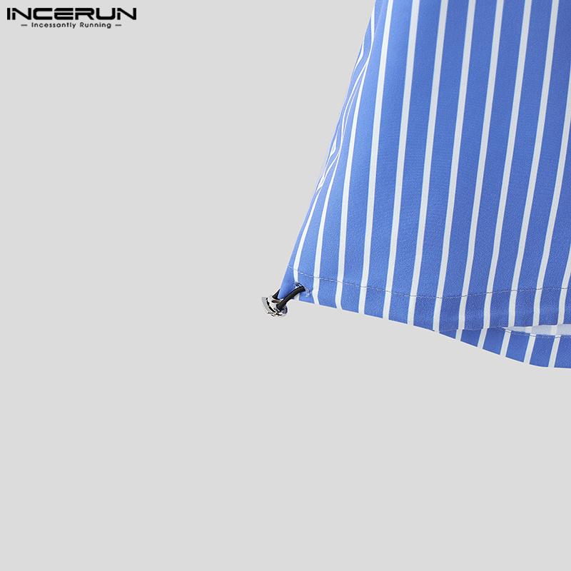 INCERUN Men Collarless Short Sleeve Stitching Striped Casual Shirts Tops