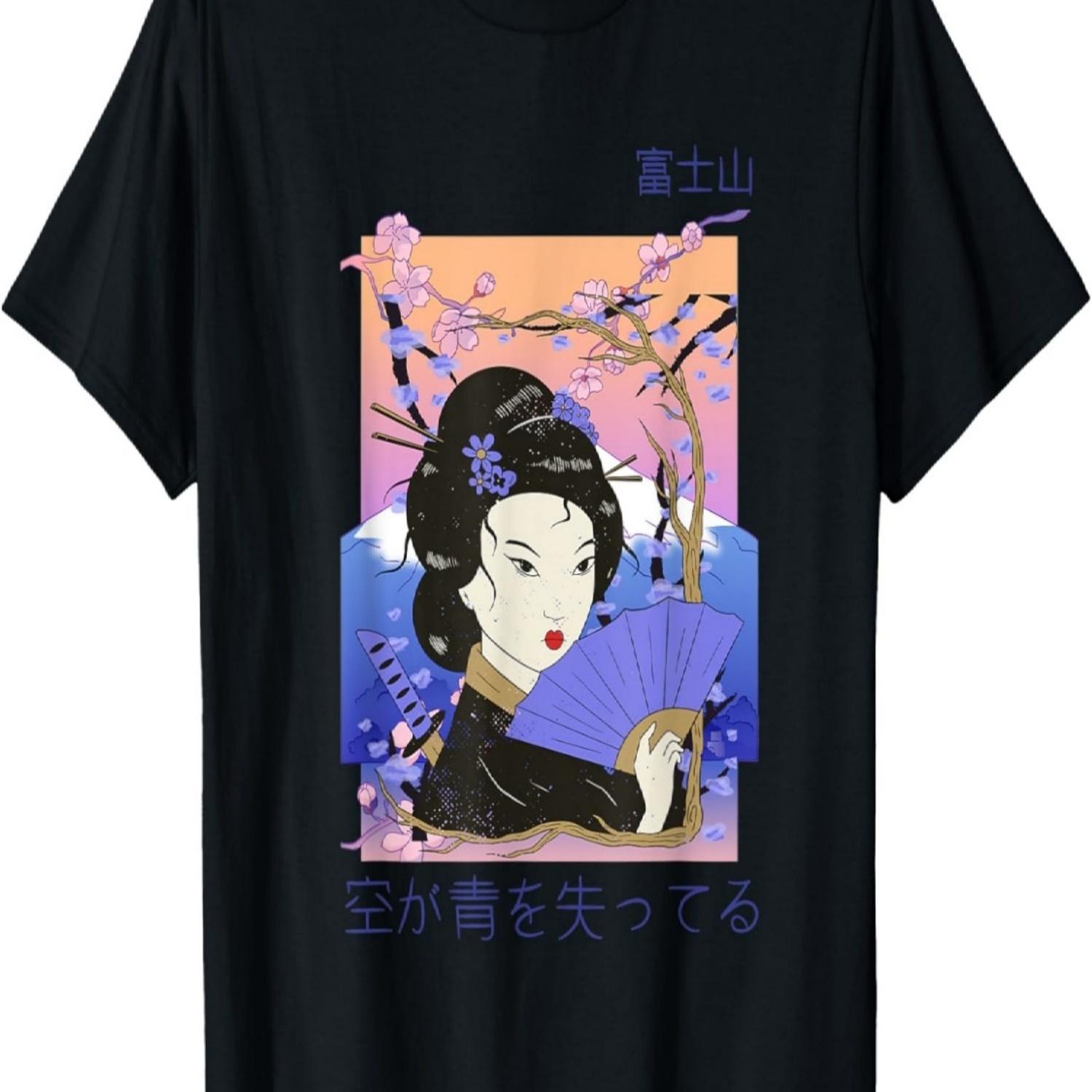 Geisha Sakura Cherry Blossom Samurai Fuji Mountain T-Shirt S