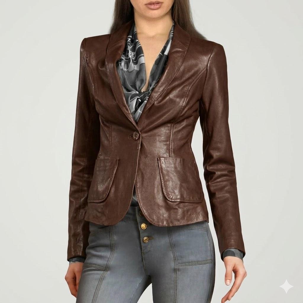Женский Новый Натуральный Мягкий Кожаный Блейзер из Кожи Ягненка Горячий Приталенный Дизайнерский Коричневый S коричневый