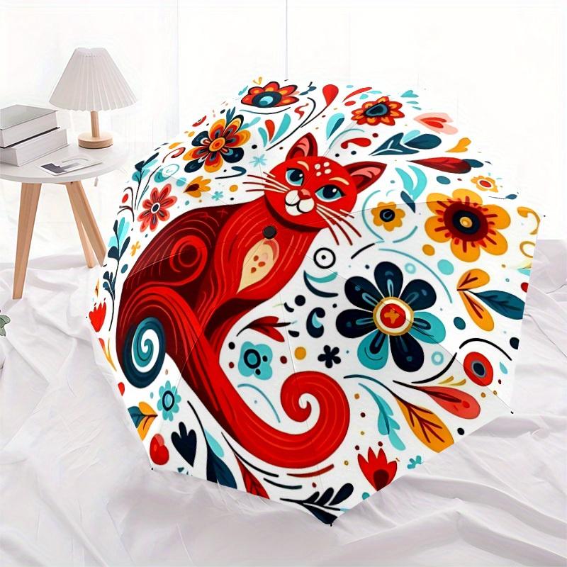 1pc Floral Cat Print Umbrella - 8-Rib Automatic Open/Close, Fashionable Compact Umbrella for Outdoor Adventures Yy250813130