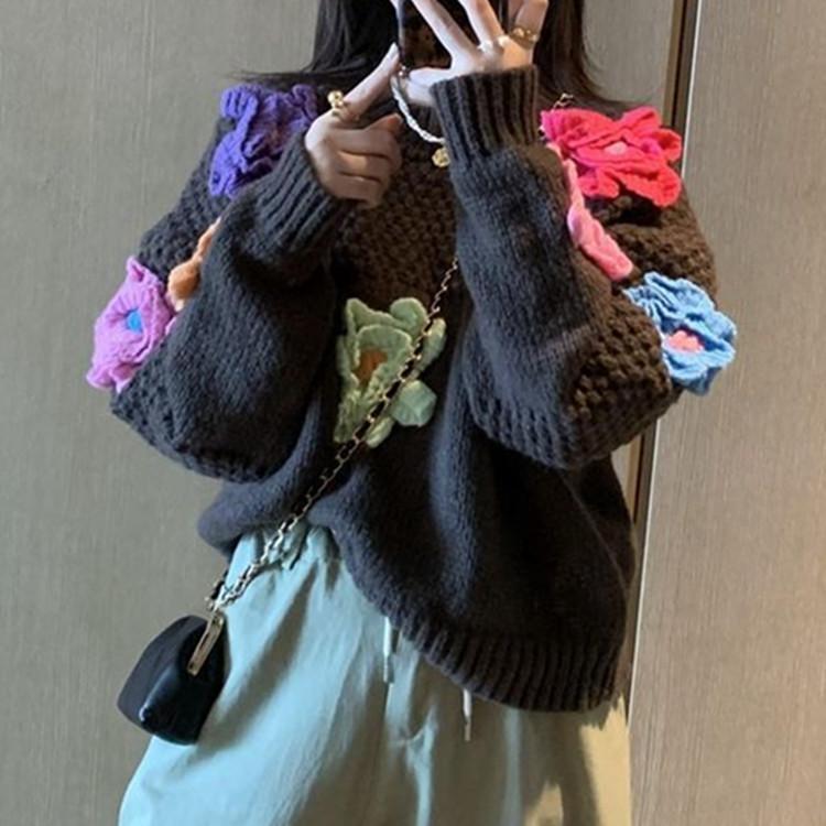 

Новый трехмерный цветочный вязаный женский свитер для женщин, новый свободный, томный, ленивый, ветер, иностранный, сладкий, женский свитер One Size чёрный