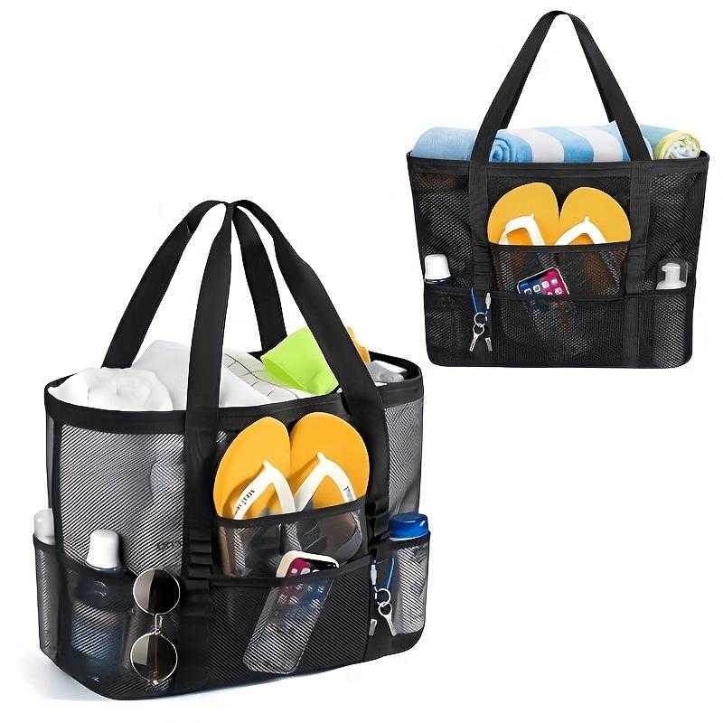 Summer Essentials Large Sandproof Mesh Beach Tote Bag with Pockets, Foldable Portable Shoulder Bag, Large Capacity Multi-Pocket Storage for Beach
