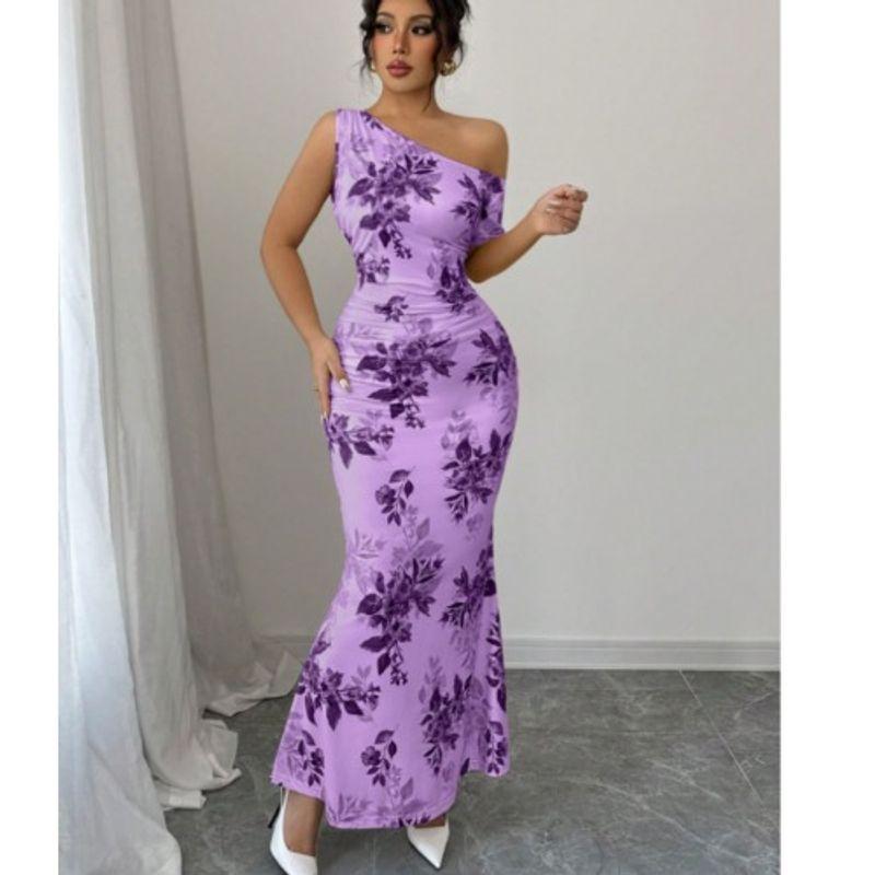 European and American Print Sexy Sexy Oblique Collar One Shoulder Slim Fit Waist Hugging Sheath Short Sleeve Fishtail Skirt Long Dress Formal Dress