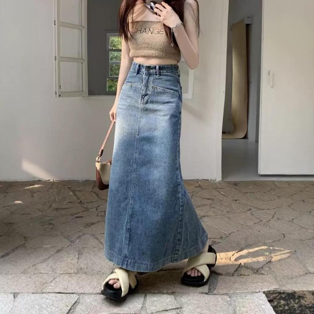 High-Waist Denim A-Line Midi Skirt - Plus Size, Retro, Back Slit, Spring/Autumn 2025