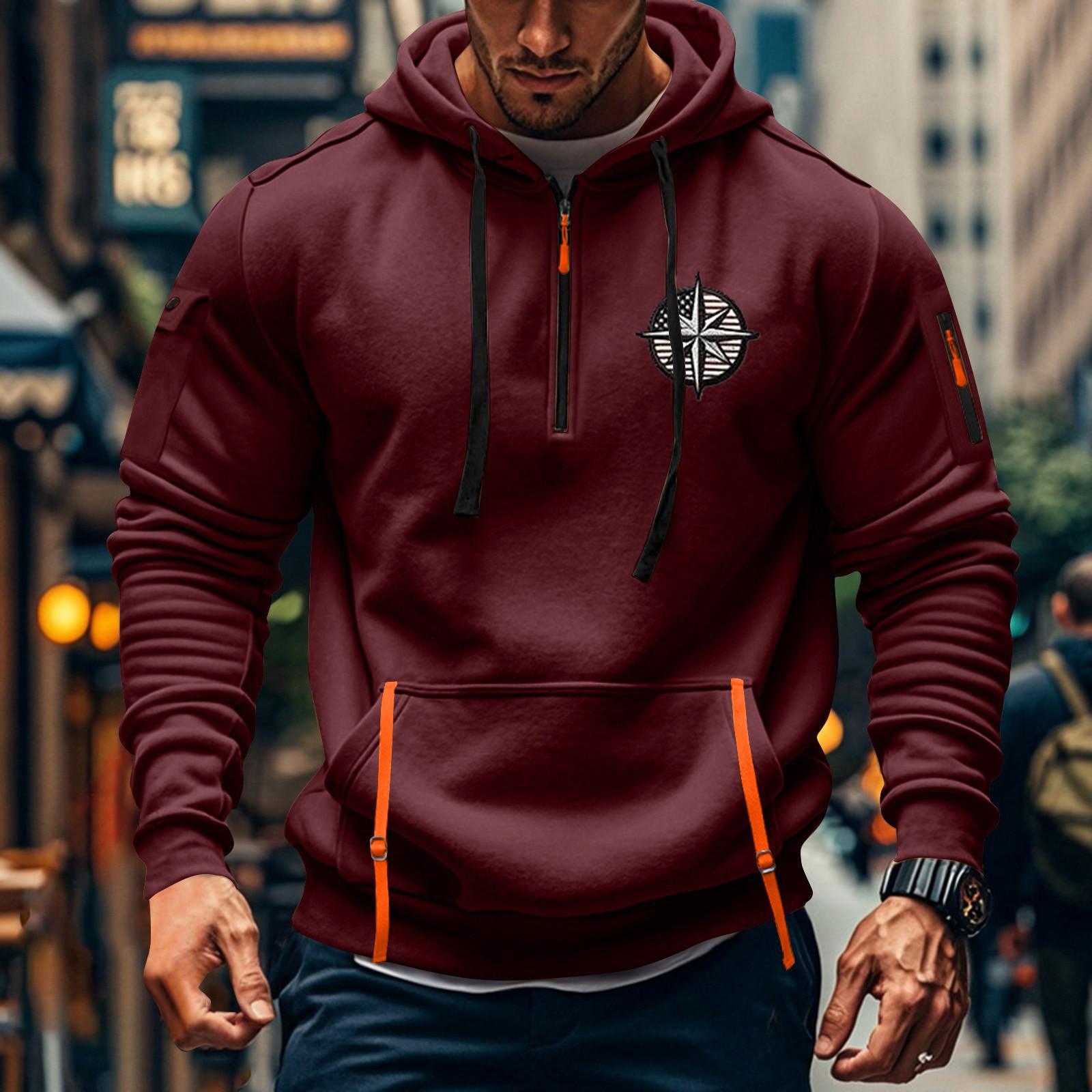 

Мужская толстовка с капюшоном с принтом, кардиган на молнии с карманом на рукаве, мужская спортивная повседневная толстовка большого размера L винный