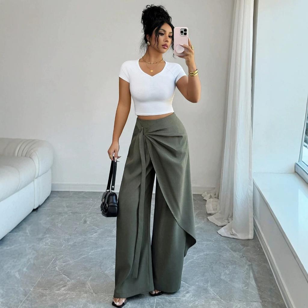 Pantaloni da donna a vita alta con nodo attorcigliato, gamba larga drappeggiata, vestibilità casual ampia, pantaloni palazzo