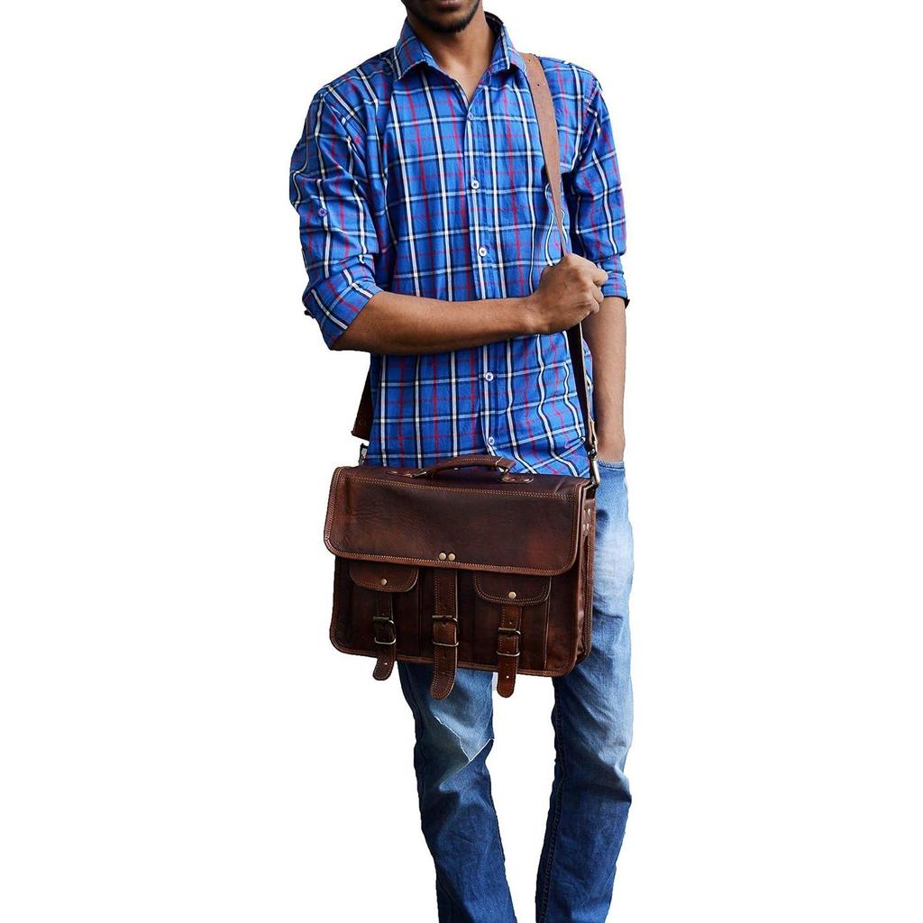 Messenger Bag Bolso De Cuero Real Para Computadora Portatil, Para
