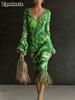 Women's Floral Knit Dress with V-Neck and Fringe Details for Spring Summer Casual Wear