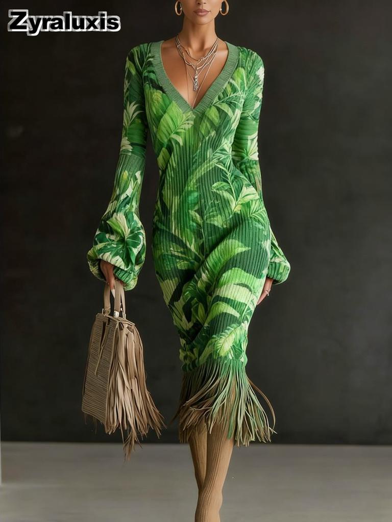Women's Floral Knit Dress with V-Neck and Fringe Details for Spring Summer Casual Wear