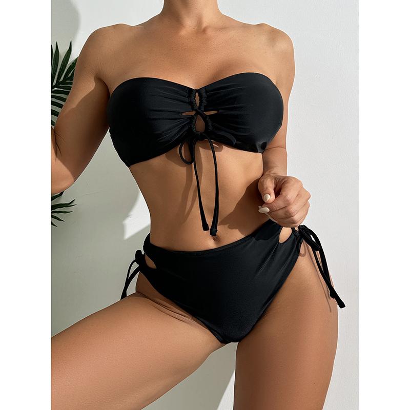 

Bandeau Bikinis Women Sexy Drawstring Swimsuit Solid Swimwear Padded Bathing Suit Female Bathers Swimming Swim Beachwear XL чорний
