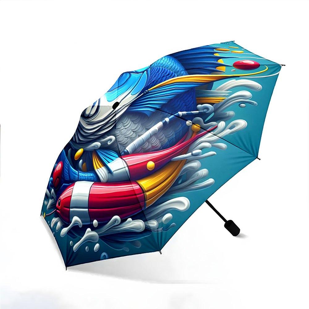 Automatic Folding Umbrella A colorful fish surrounded by waves and fishing gear. Portable collapsible design, casual outdoor a