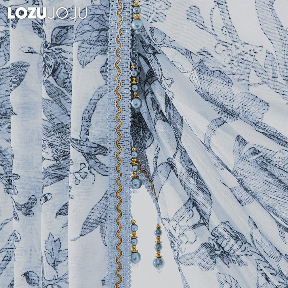 1 pieza LOZUJOJU Retro de alta gama con borde de encaje de cuentas, cabezal de cortina transparente estampada para decoración de ventanas de cocina, dormitorio, sala de estar