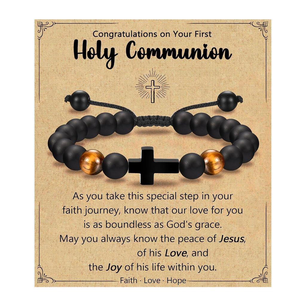 Adjustable Crosses Bead Bracelet for Boys Christening Confirmation Communion Gifts With Gifts Box Godson Son Grandson