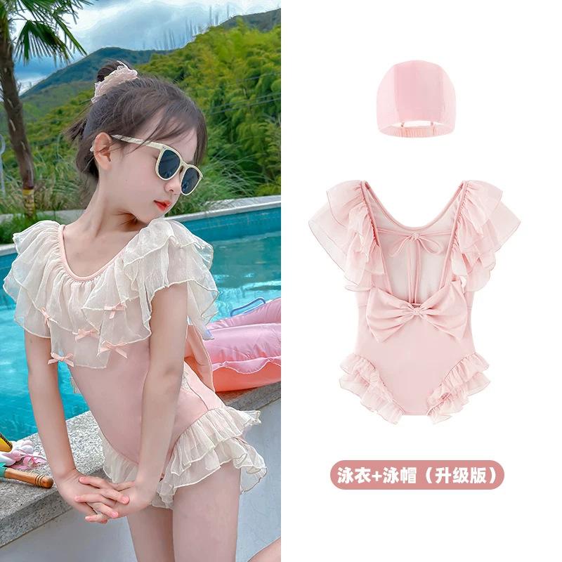 Girls' One-Piece Princess-Style Swimsuit - Solid Color Polyester - Cute Girls' Swimwear for Toddlers and Babies