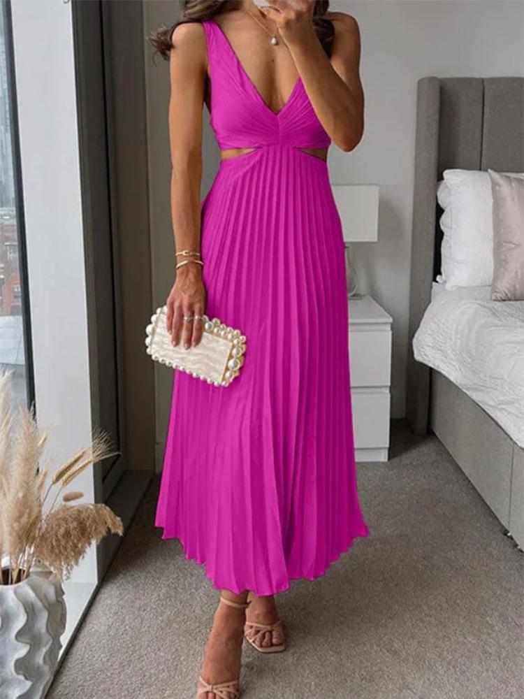 2024 Summer Elegant V-Neck Sleeveless Backless Pleated Dress for Women