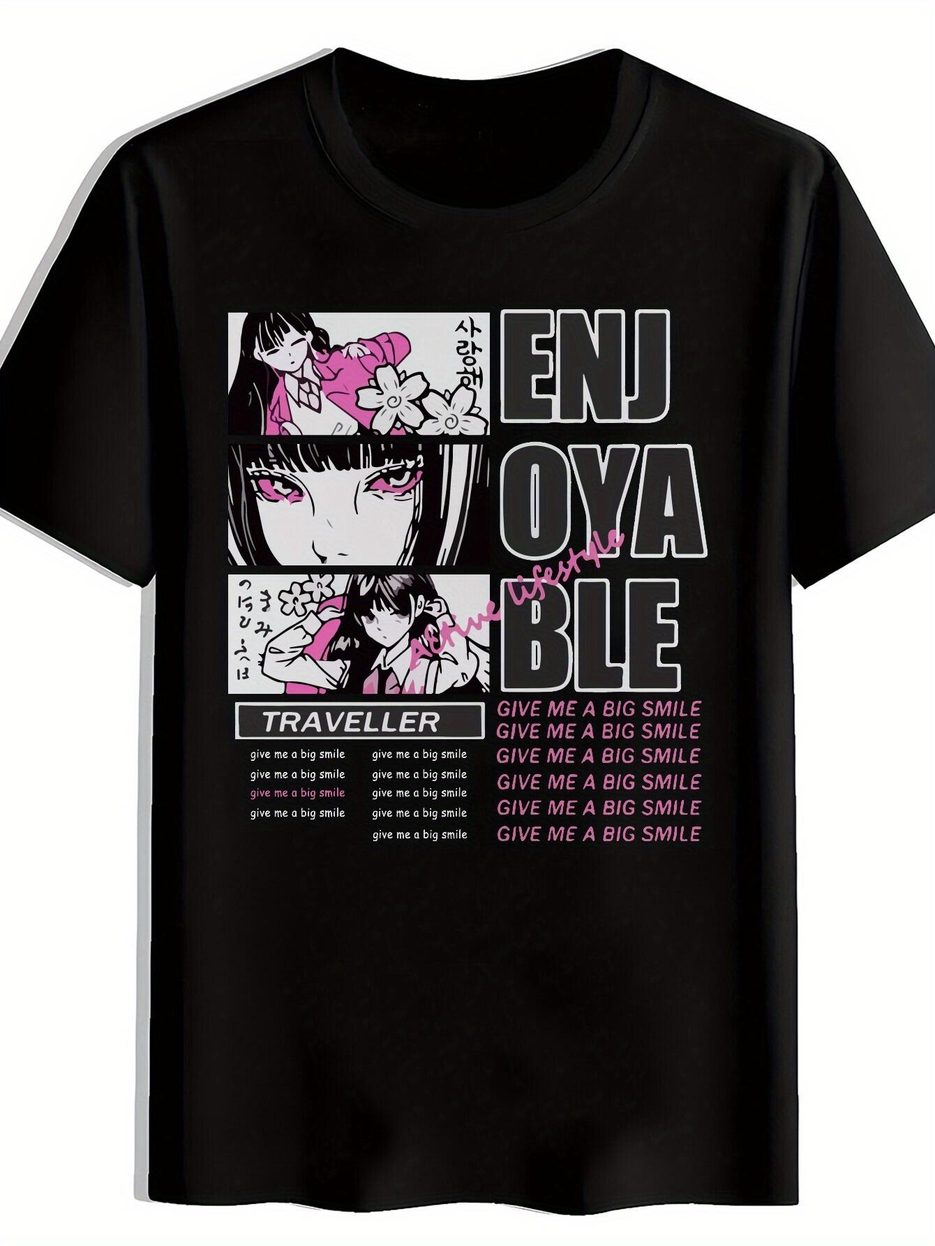 

Casual Short Sleeve T-shirt with Japanese Elements - ENJOY LIFE Graphic Print XL