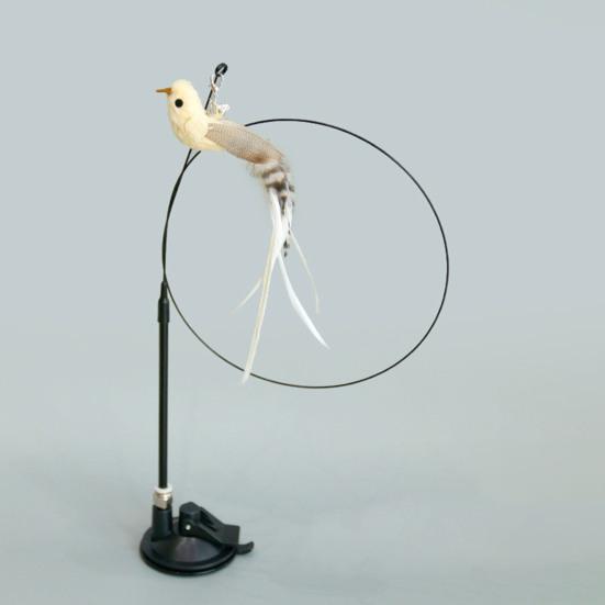 Cat Teaser Wand with Cup Base Bell Suction Long Wand Flexible Bendable Relieve Boredom Simulation Bird Interactive Feather Cat