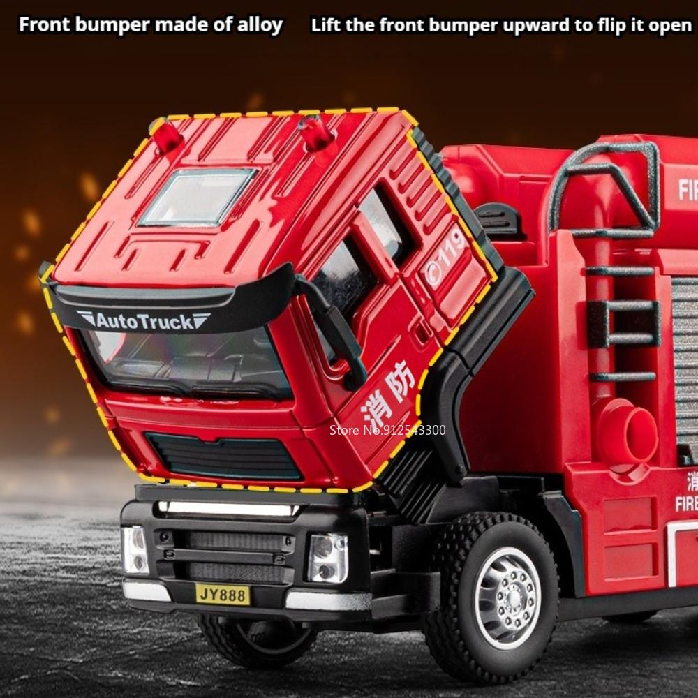 1:50 Scale Smoke Exhaust Fire Truck Water Tank Car Model Toy Music Light Metal Body Doors Opened Engineering Vehicles Boys Gifts