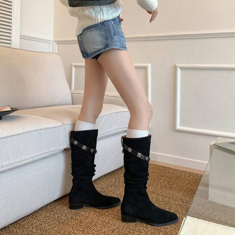 

Autumn and winter women s leather boots sleeve medium heel large size women s boots new versatile Martin boots genuine leather cow suede high boots 40