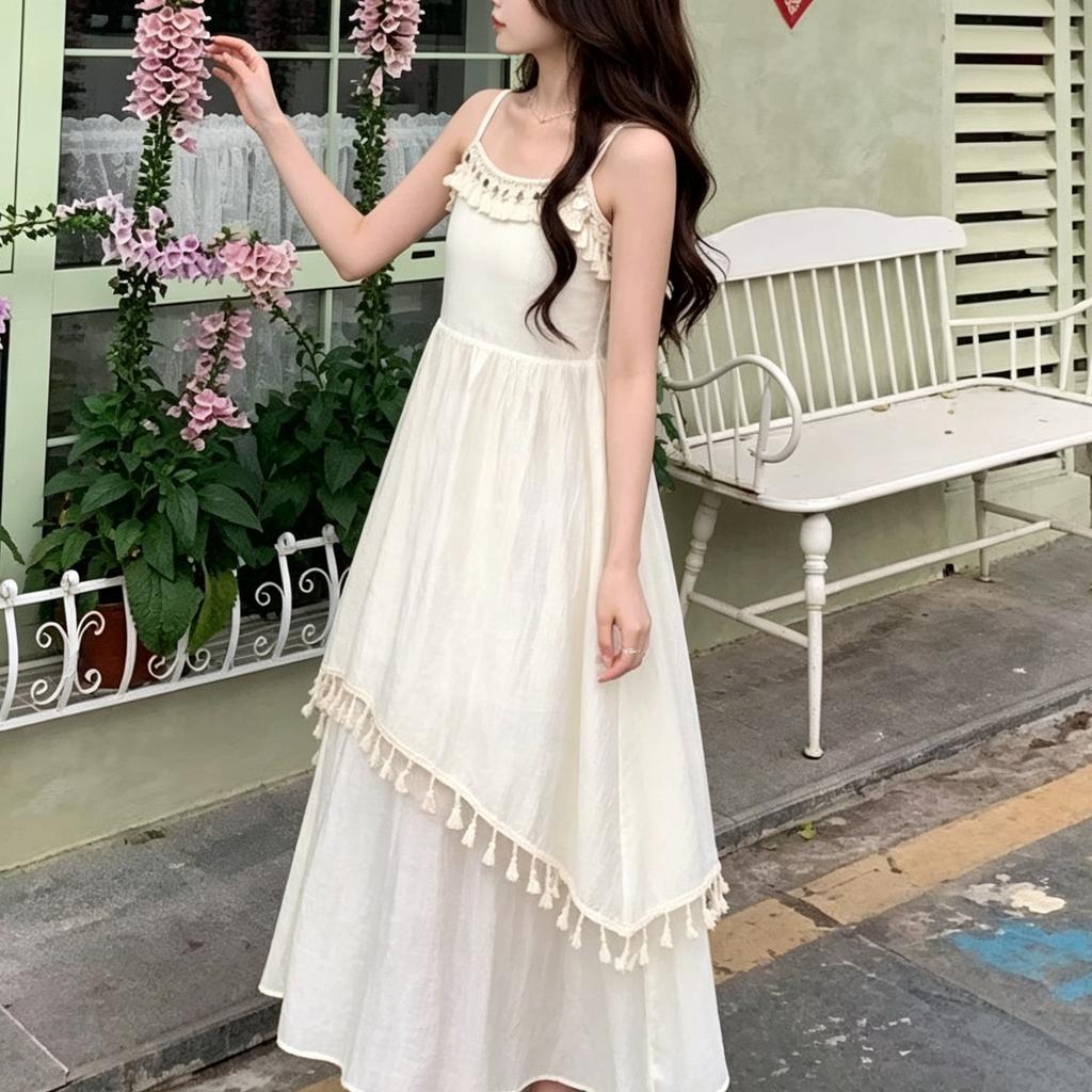 French Temperament Fringed Pendulum Medium and Long Dress New Waist and Thin Holiday Style Super Fairy Sleeveless White Polyester